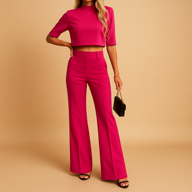 Completo da donna due pezzi con crop top a collo alto e pantaloni a gamba dritta 5