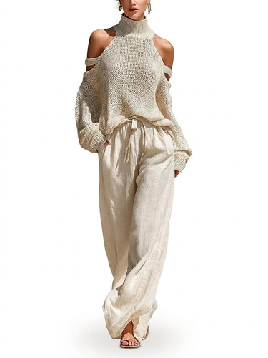 Completo donna con maglione a spalle scoperte e pantaloni a gamba larga 1