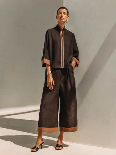 Completo due pezzi da donna con top con zip frontale e pantaloni a gamba larga 2