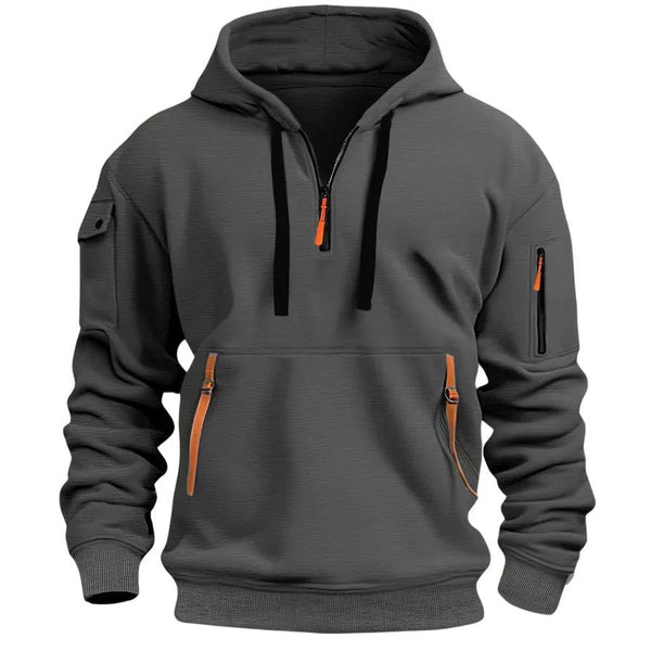 Felpa con cappuccio e mezza zip da uomo con tasche utility 1