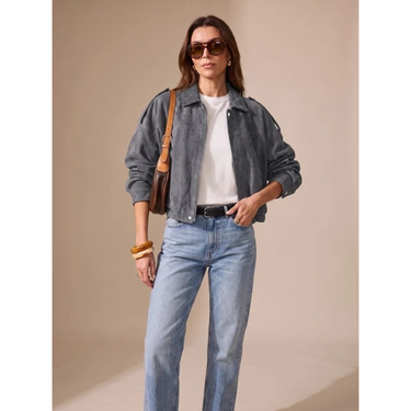 Giacca Bomber in Camoscio da Donna con Chiusura a Zip e Bottoni 3