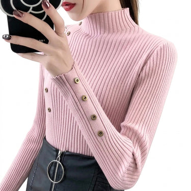 Maglione a costine da donna con collo alto e bottoni decorativi 1