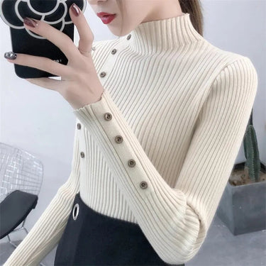 Maglione a costine da donna con collo alto e bottoni decorativi 2