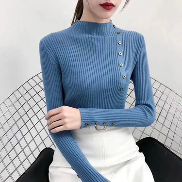 Maglione a costine da donna con collo alto e bottoni decorativi 3