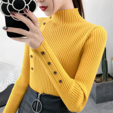 Maglione a costine da donna con collo alto e bottoni decorativi 4