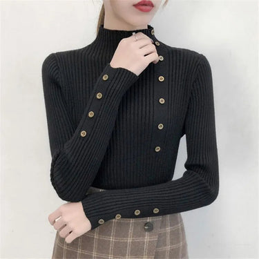 Maglione a costine da donna con collo alto e bottoni decorativi 5