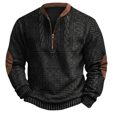 Maglione in maglia a motivi geometrici con zip a un quarto e toppe sui gomiti da uomo 1