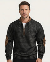 Maglione in maglia a motivi geometrici con zip a un quarto e toppe sui gomiti da uomo 2