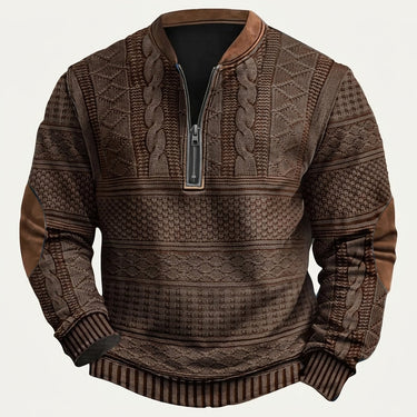 Maglione in maglia a motivi geometrici con zip a un quarto e toppe sui gomiti da uomo 3