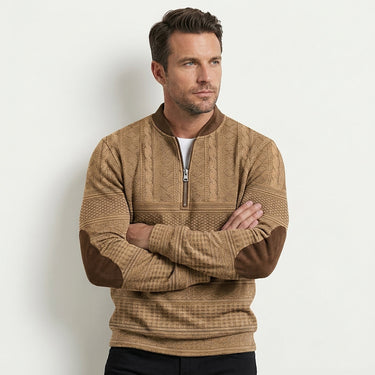 Maglione in maglia a motivi geometrici con zip a un quarto e toppe sui gomiti da uomo 6