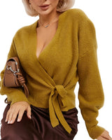Maglione in maglia a portafoglio da donna con scollo a V e cintura in vita 1