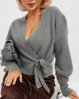 Maglione in maglia a portafoglio da donna con scollo a V e cintura in vita 4