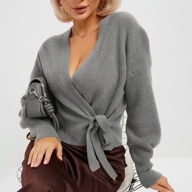 Maglione in maglia a portafoglio da donna con scollo a V e cintura in vita 4