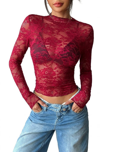 Top da donna a maniche lunghe in pizzo con collo alto 1