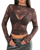 Top da donna a maniche lunghe in pizzo con collo alto 12