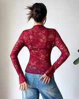 Top da donna a maniche lunghe in pizzo con collo alto 2