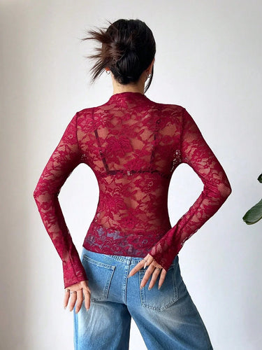 Top da donna a maniche lunghe in pizzo con collo alto 2