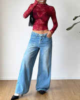 Top da donna a maniche lunghe in pizzo con collo alto 3