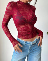 Top da donna a maniche lunghe in pizzo con collo alto 4