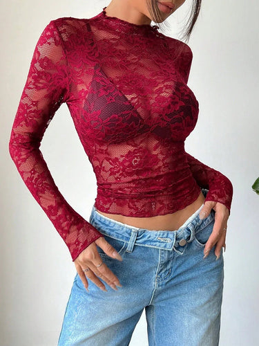 Top da donna a maniche lunghe in pizzo con collo alto 4