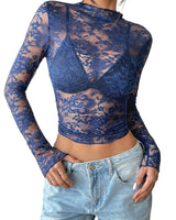 Top da donna a maniche lunghe in pizzo con collo alto 9