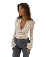 Top da donna in pizzo a maniche lunghe con scollo a V 1